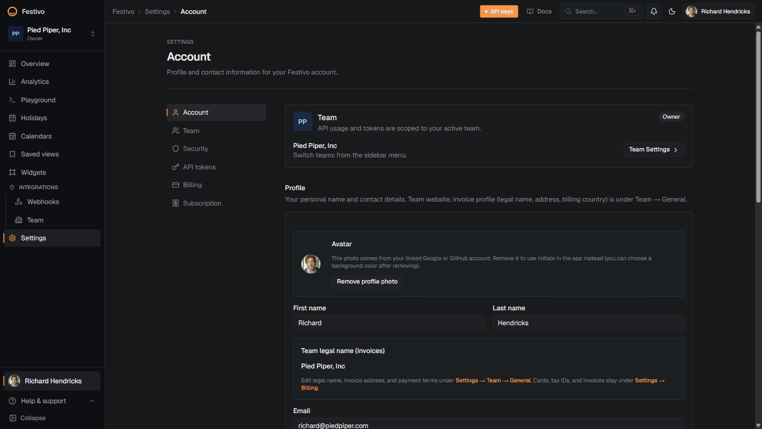 Festivo customer workspace showing usage charts and calendars