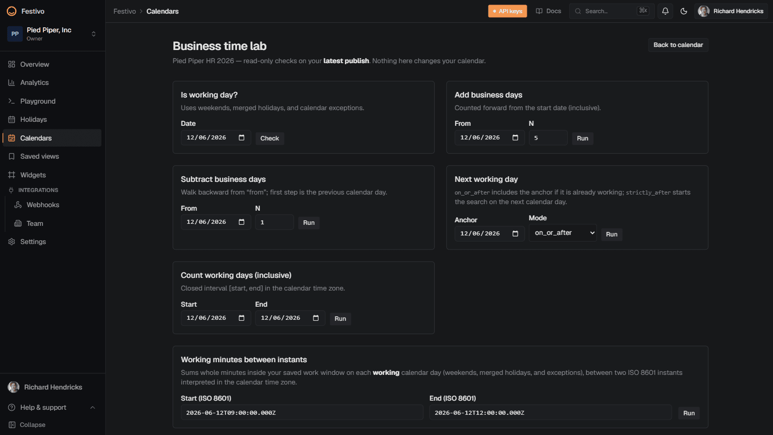 Festivo customer workspace showing usage charts and calendars