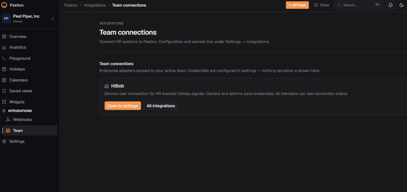 Festivo customer workspace showing usage charts and calendars